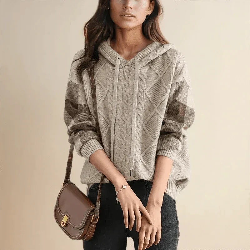 Women's Drawstring Colorblock-Sleeve Cable Knit Sweater