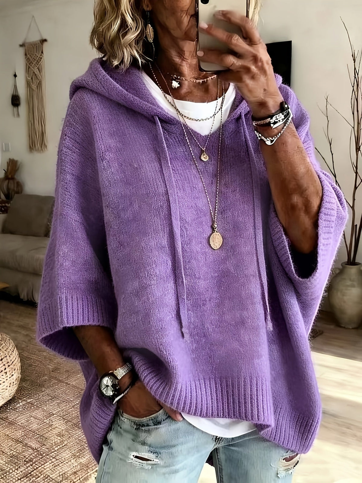 Women's Drawstring Ribbed-Trim Knit Oversized Hoodie