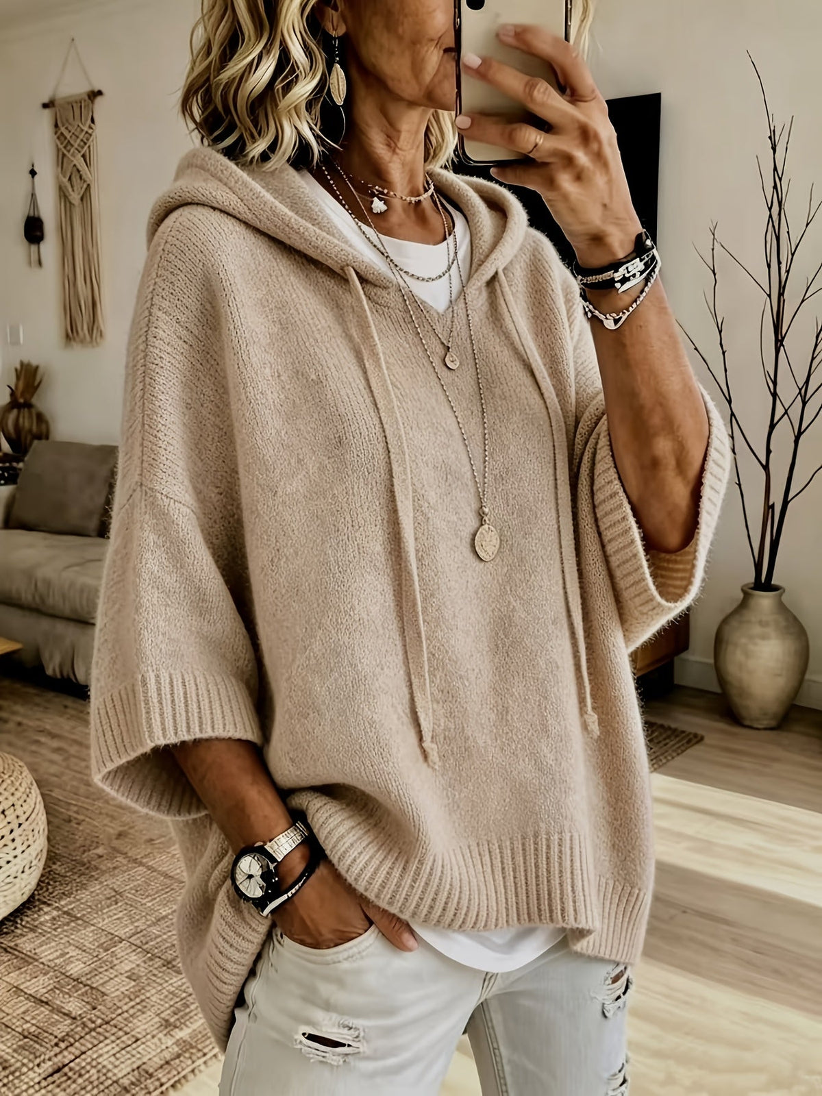 Women's Drawstring Ribbed-Trim Knit Oversized Hoodie
