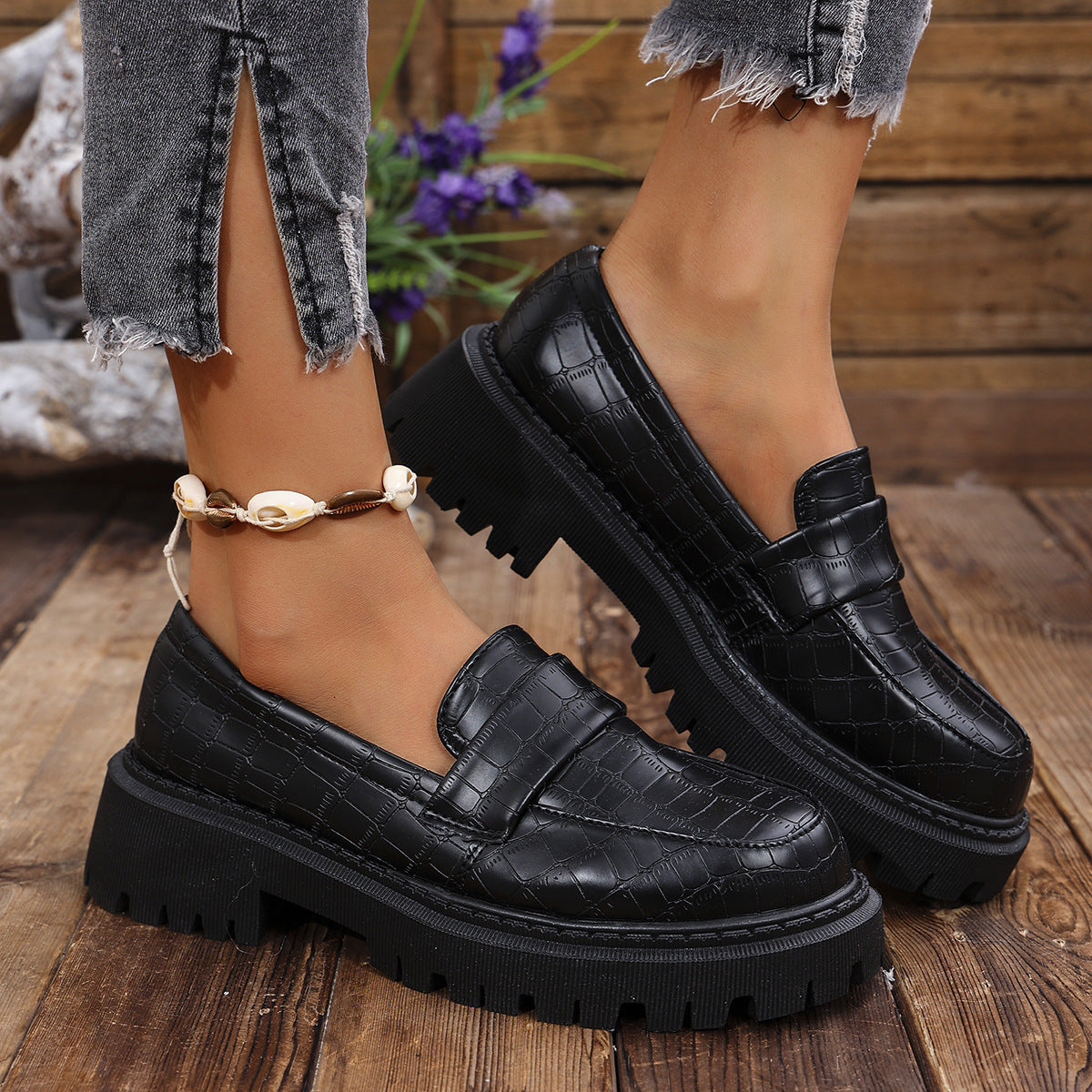 Women's Embossed Lug Sole Slip On Loafers