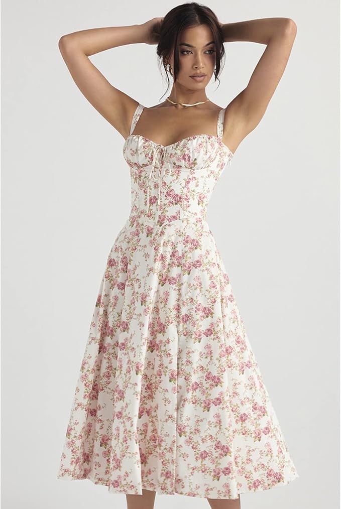 Women’s Floral Bustier Midi Wedding Guest Dress