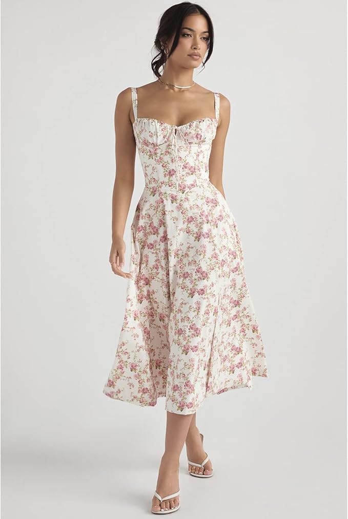 Women’s Floral Bustier Midi Wedding Guest Dress