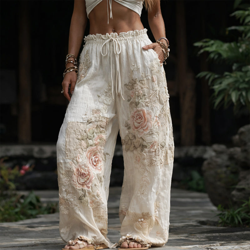 Women's Floral Embroidered Wide-Leg Pants