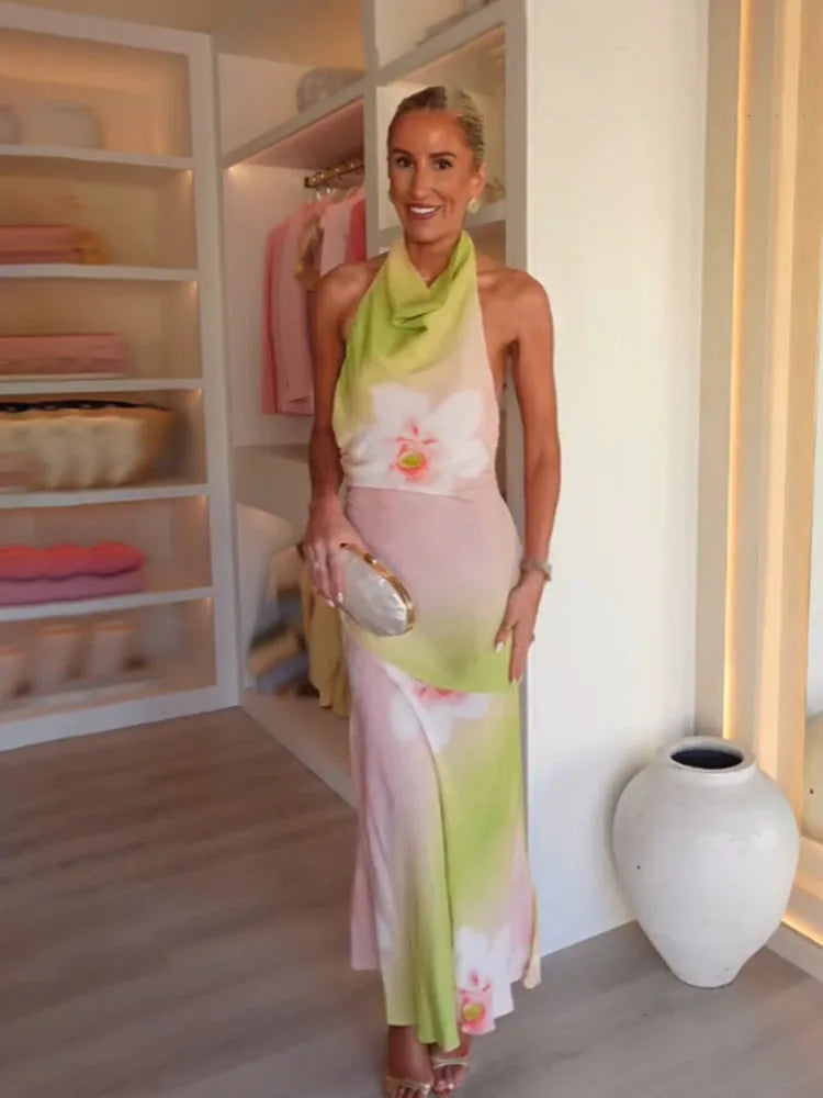Women’s Floral Halter Neck Maxi Wedding Guest Dress