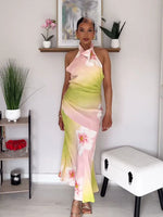 Women’s Floral Halter Neck Maxi Wedding Guest Dress