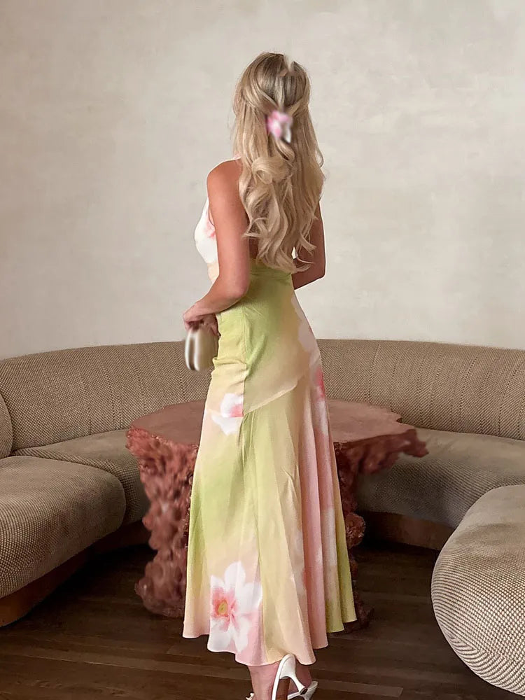 Women’s Floral Halter Neck Maxi Wedding Guest Dress