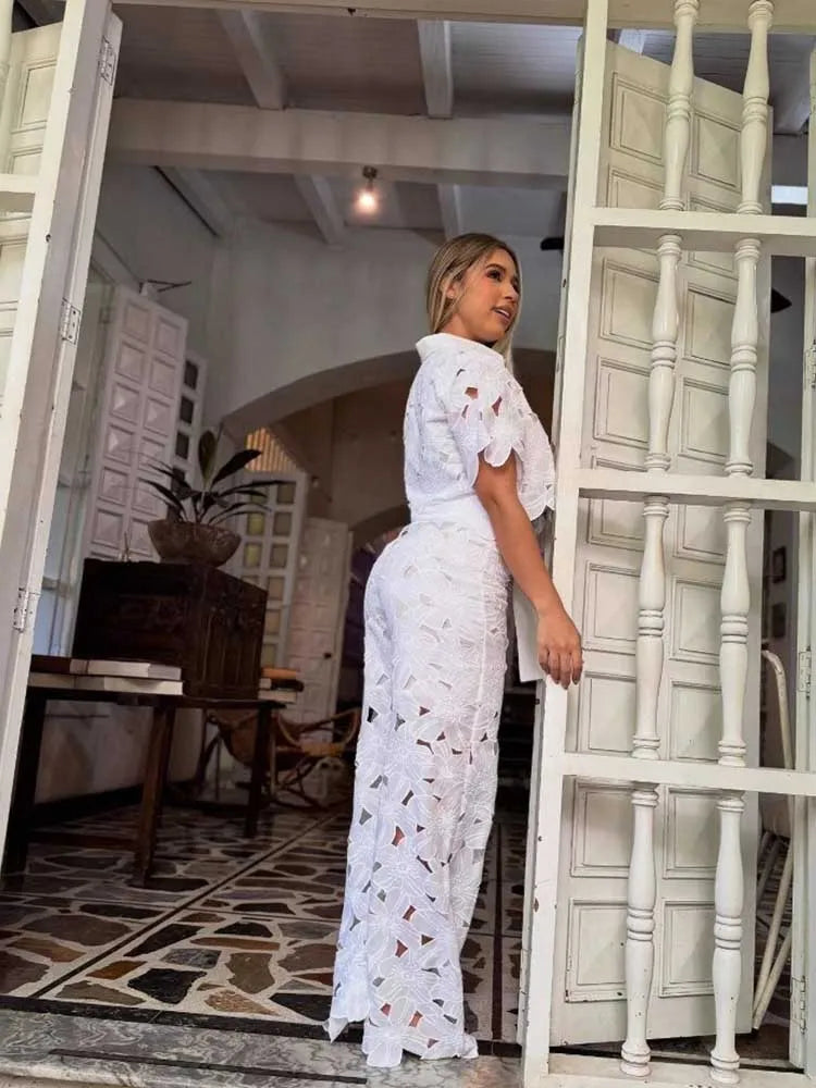 Women’s Floral Lace Two Piece Top and Wide Leg Pants Set