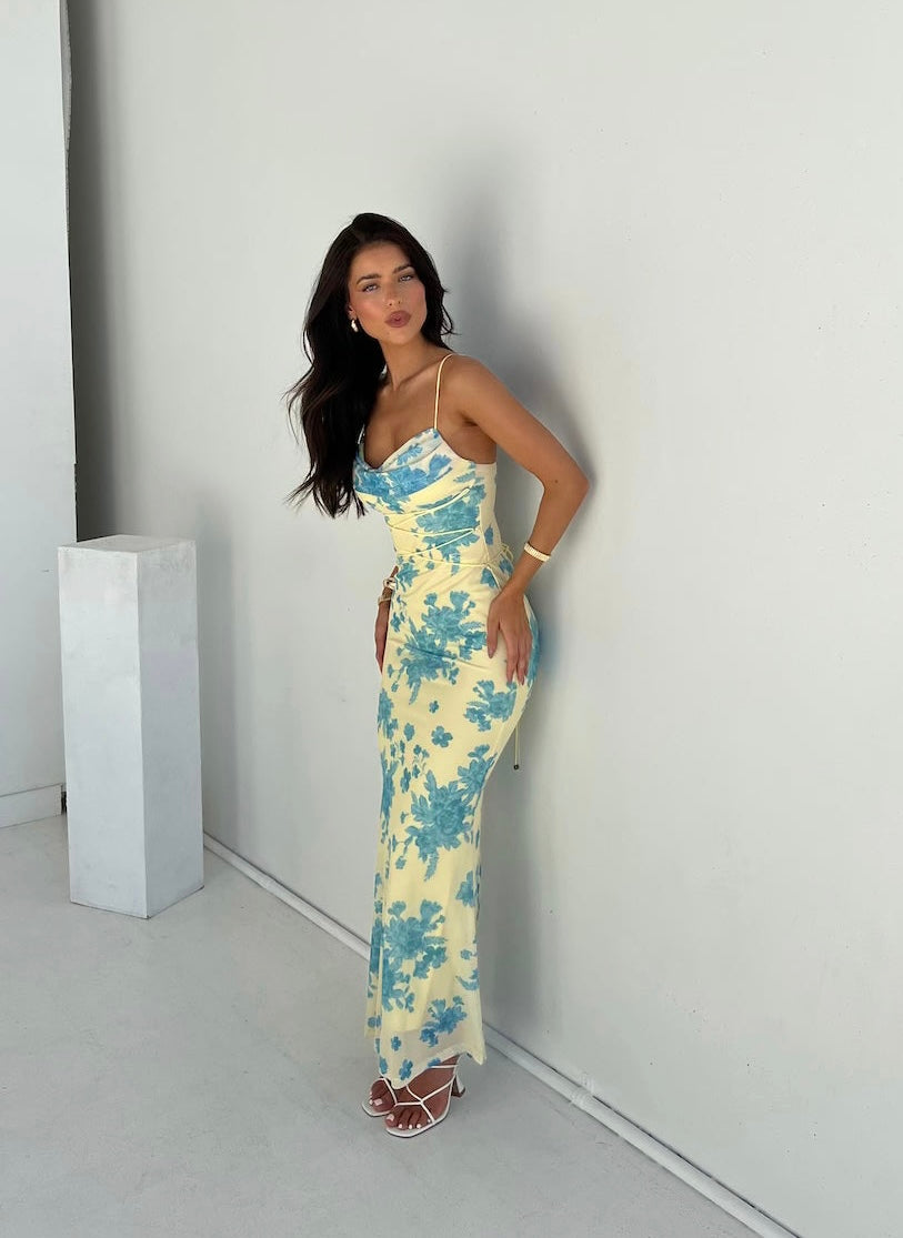 Women's Floral Print Spaghetti Strap Cowl Neck Maxi Wedding Guest Dress