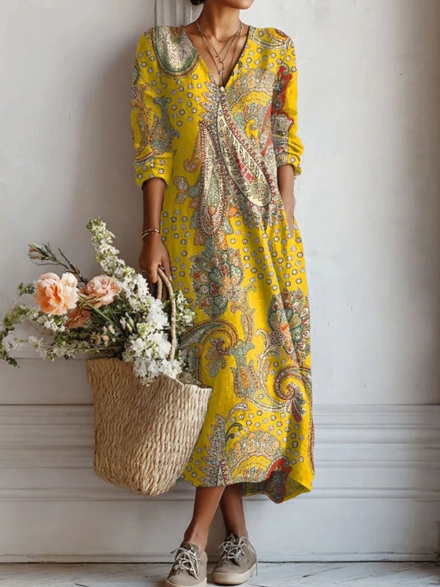 Women's Floral Print V-Neck Long Sleeve Midi Dress