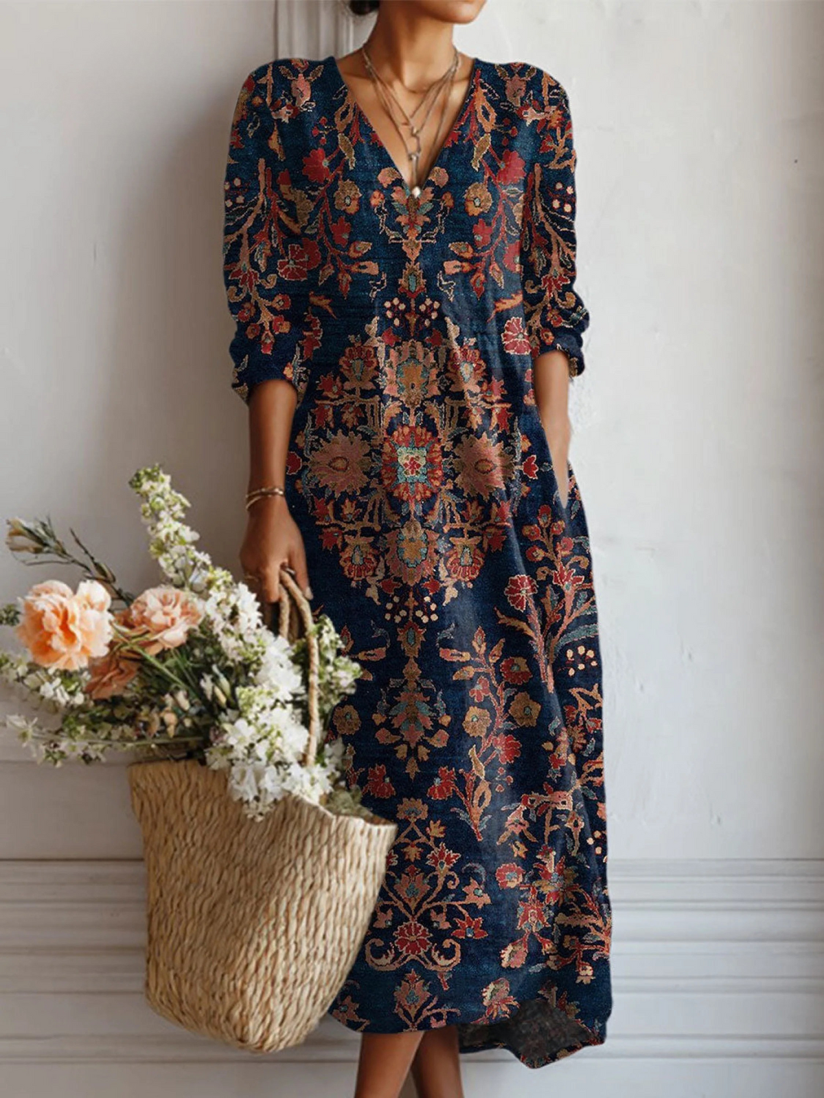 Women's Floral Print V-Neck Long Sleeve Midi Dress
