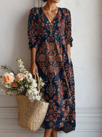 Women's Floral Print V-Neck Long Sleeve Midi Dress