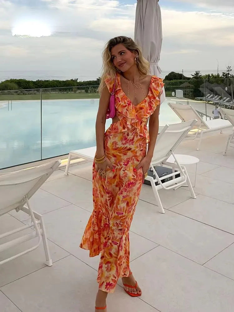 Women’s Floral Ruffle V Neck Maxi Wedding Guest Dress