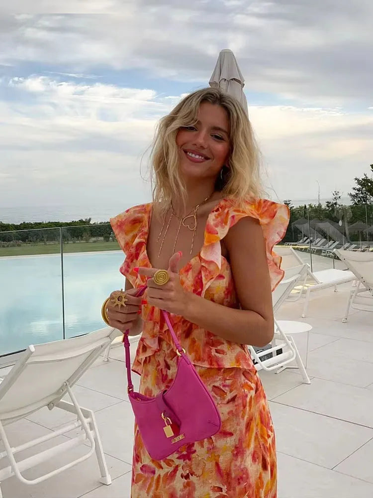 Women’s Floral Ruffle V Neck Maxi Wedding Guest Dress