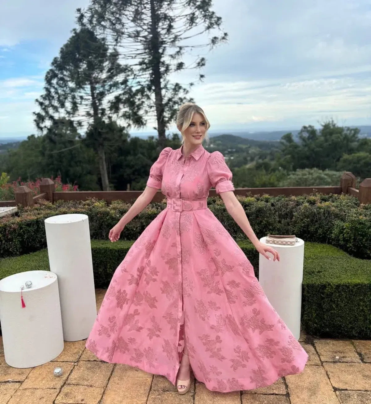 Women’s Floral Short Sleeve Belted Button Front Maxi Wedding Guest Dress