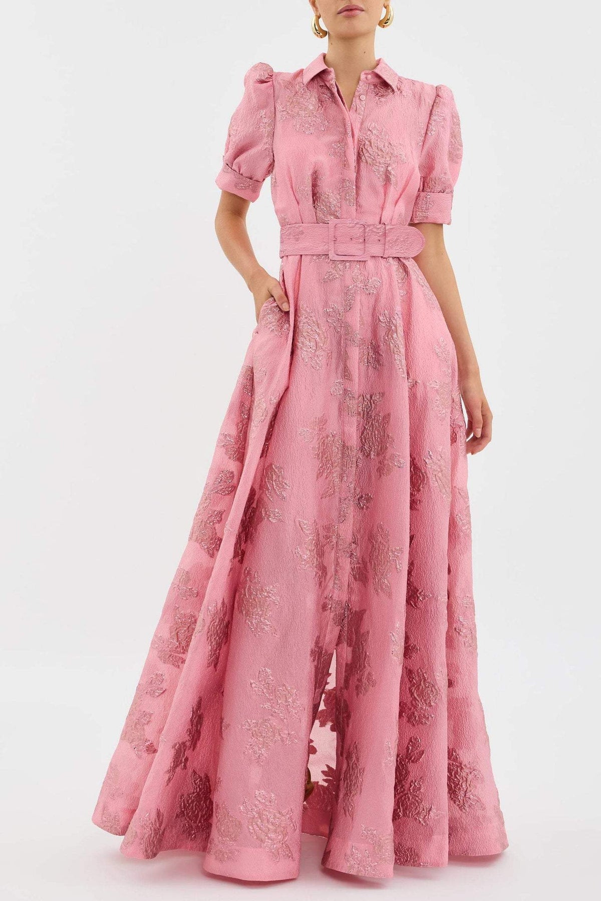 Women’s Floral Short Sleeve Belted Button Front Maxi Wedding Guest Dress