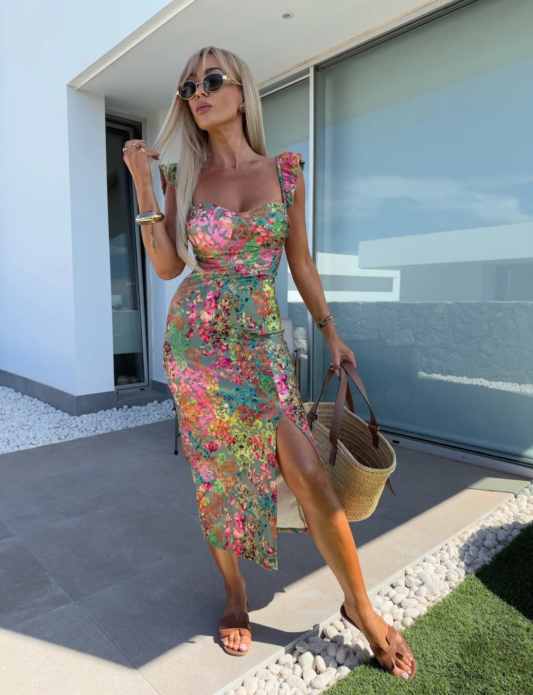 Women’s Floral Side Slit Midi Summer Dress