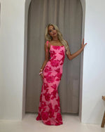 Women's Floral Square Neck Tie Strap Embroidered Maxi Wedding Guest Dress