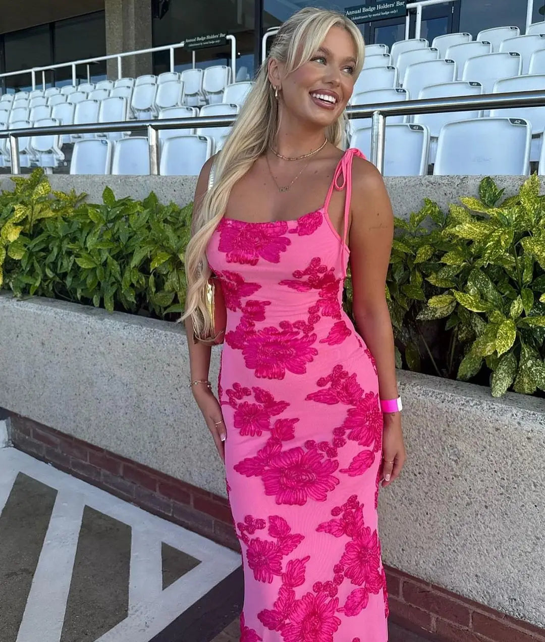 Women's Floral Square Neck Tie Strap Embroidered Maxi Wedding Guest Dress