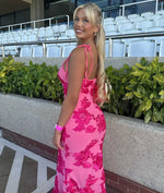Women's Floral Square Neck Tie Strap Embroidered Maxi Wedding Guest Dress