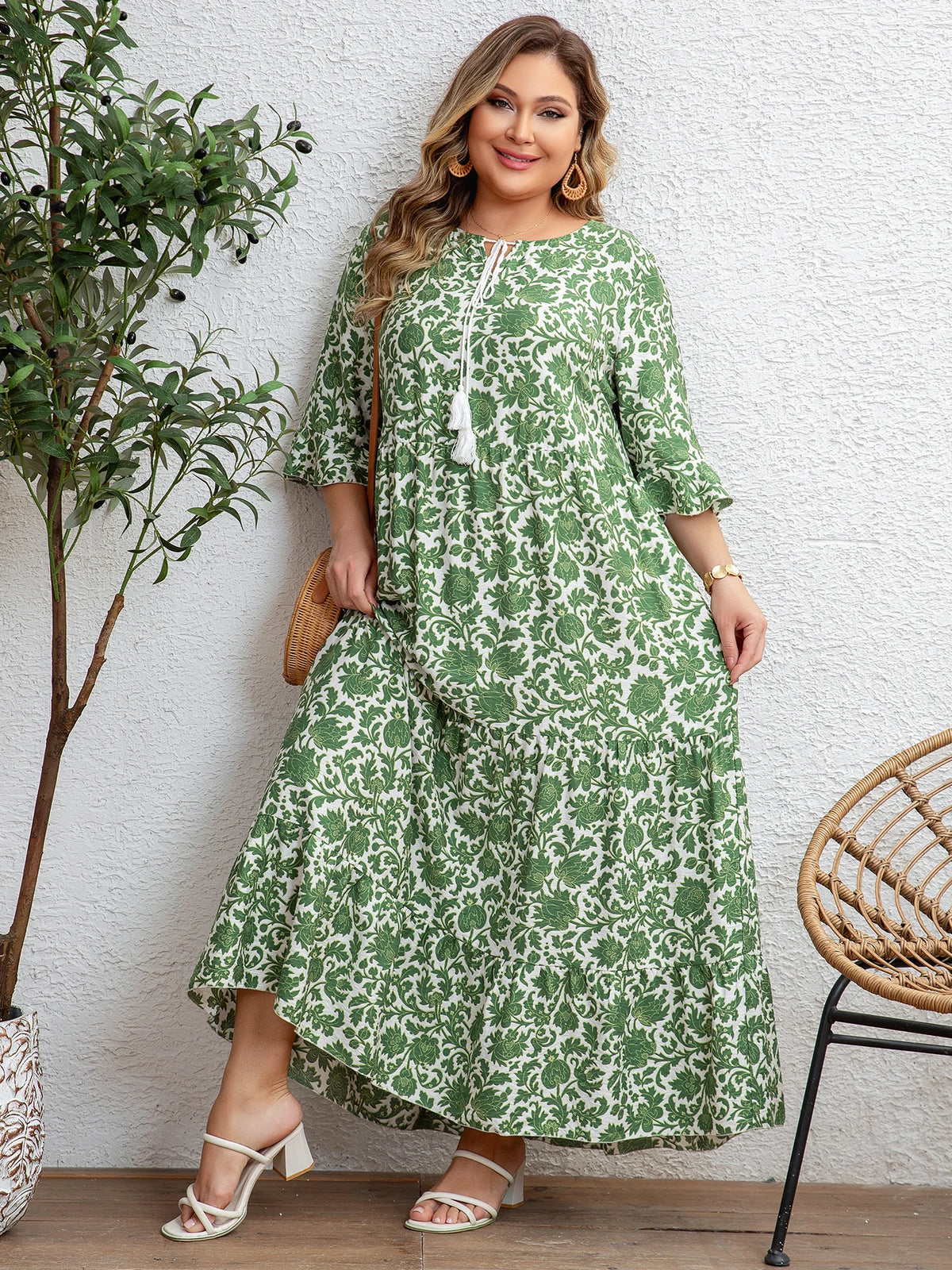 Women's Floral Tassel Tie Three Quarter Sleeve Tiered Plus Size Maxi Sundress