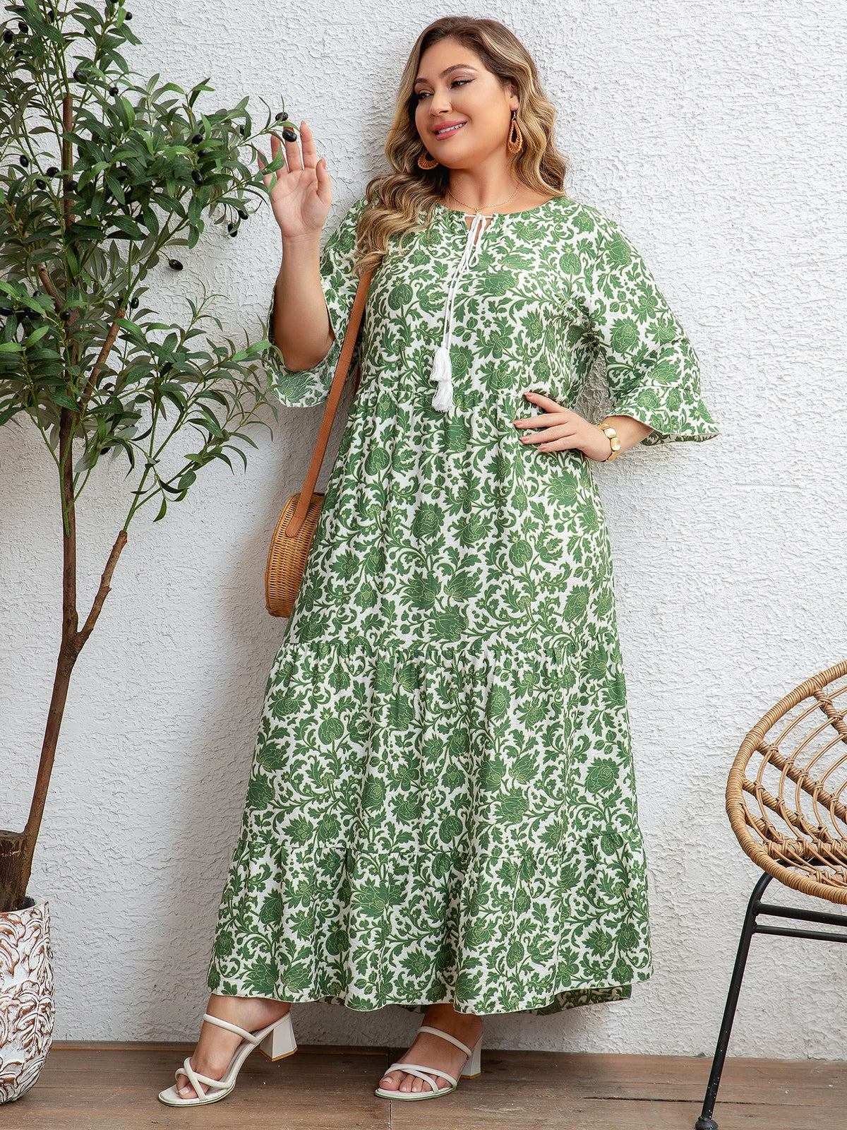 Women's Floral Tassel Tie Three Quarter Sleeve Tiered Plus Size Maxi Sundress