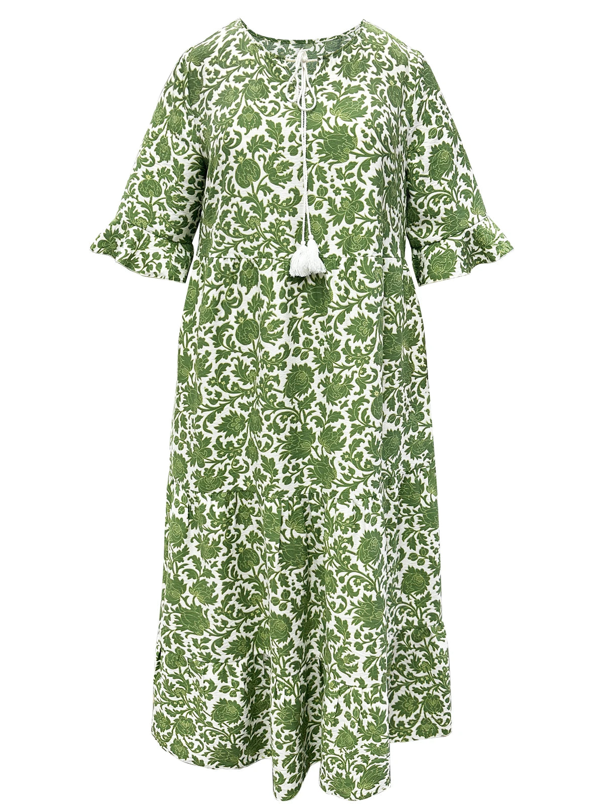 Women's Floral Tassel Tie Three Quarter Sleeve Tiered Plus Size Maxi Sundress