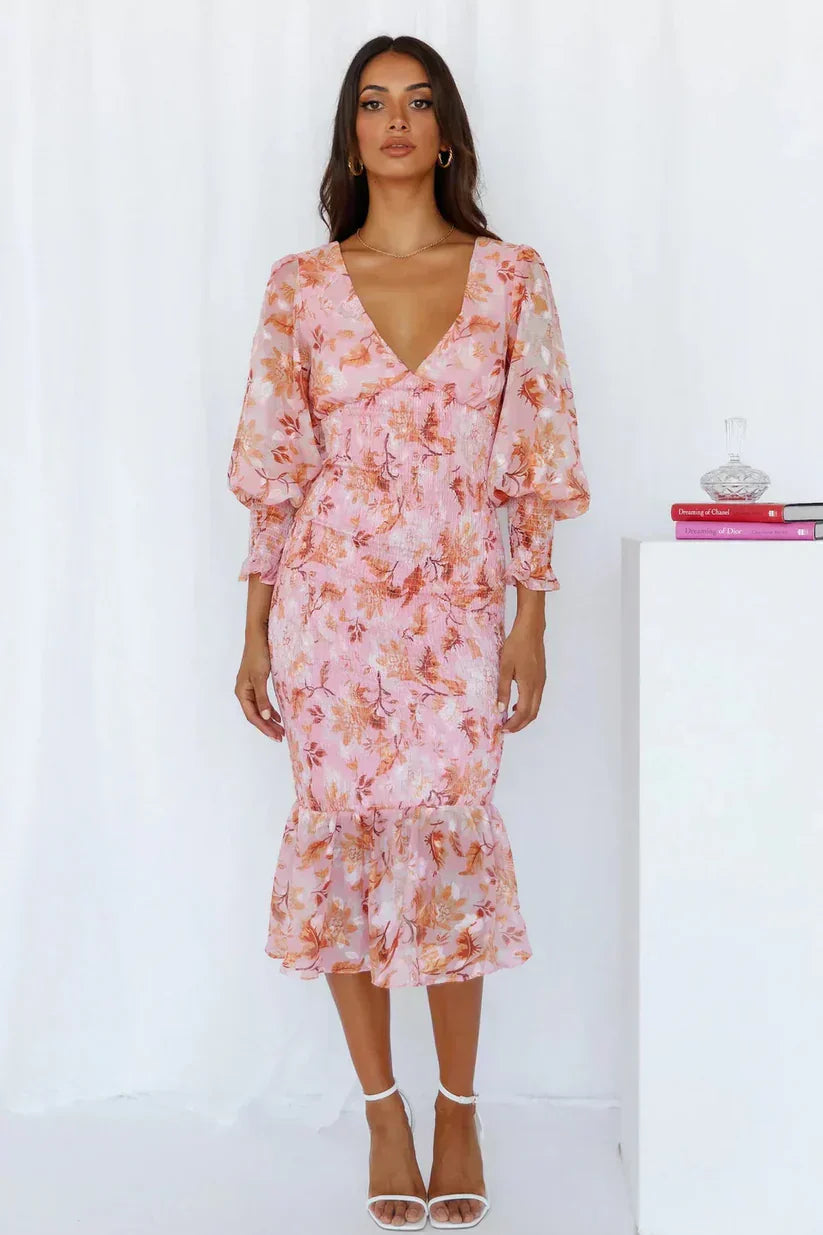 Women’s Floral V Neck Ruffle Hem Midi Wedding Guest Dress