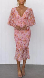 Women’s Floral V Neck Ruffle Hem Midi Wedding Guest Dress