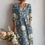 Women's Floral V Neck Three Quarter Sleeve Maxi Sundress