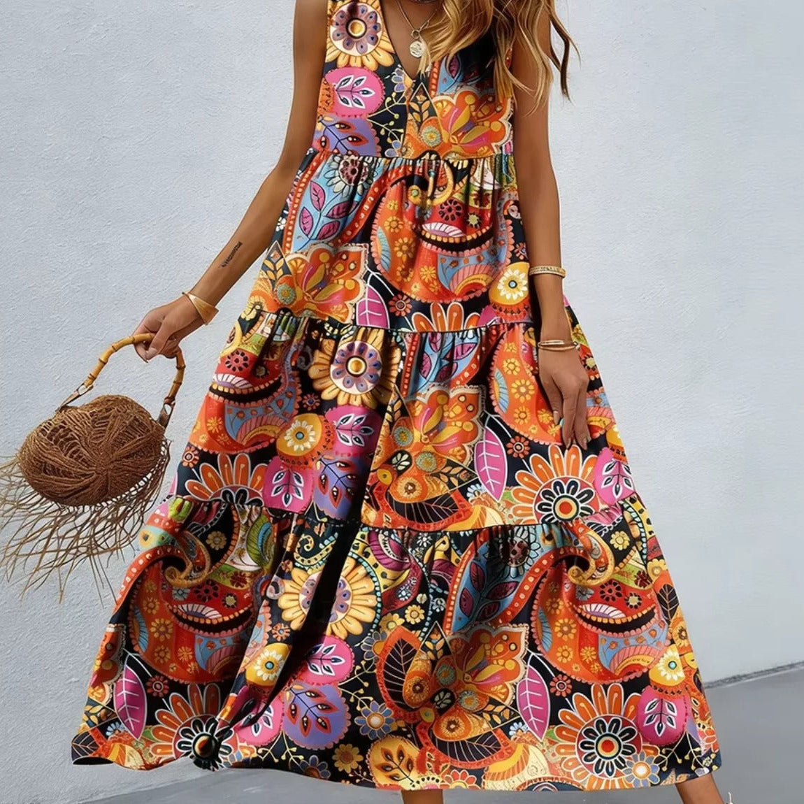 Women's Floral V Neck Tiered Sleeveless Maxi Sundress