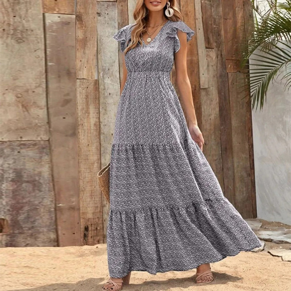 Women's Flutter Sleeve Tiered Maxi Sundress
