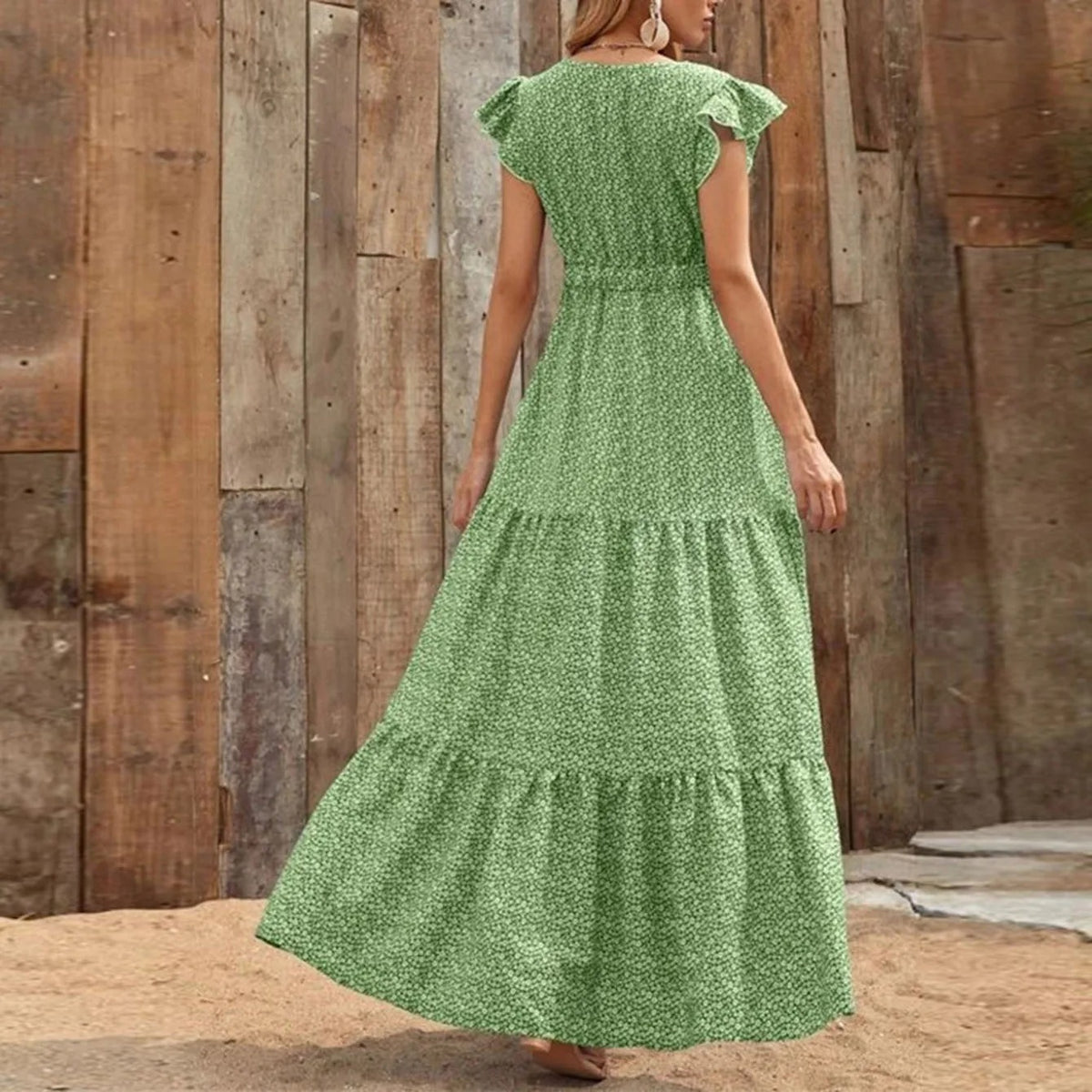 Women's Flutter Sleeve Tiered Maxi Sundress