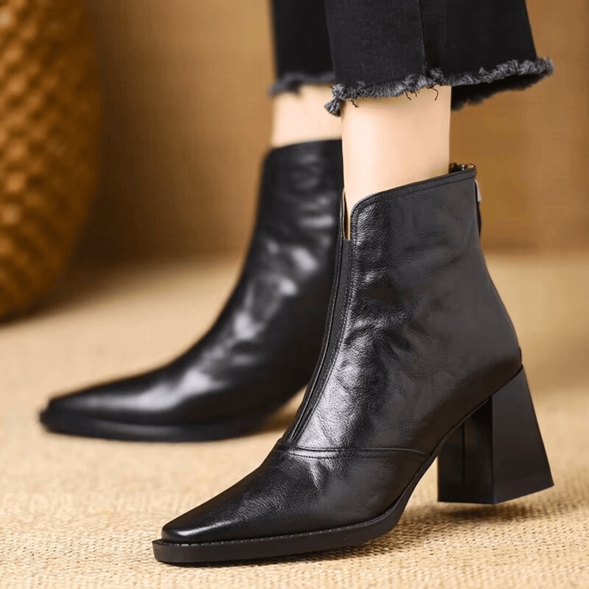Women’s Front Zip Square Toe Block Heel Ankle Boots