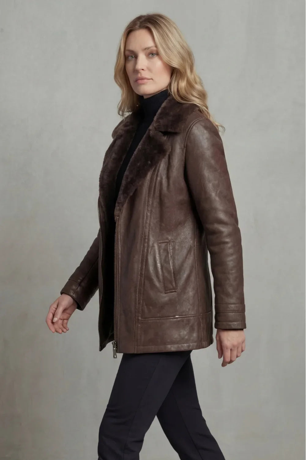 Women's Fur-Collar Zip-Front Faux Leather Jacket