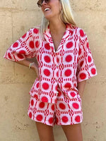 Women's Geometric Print Short Sleeve Shirt and Shorts Summer Set