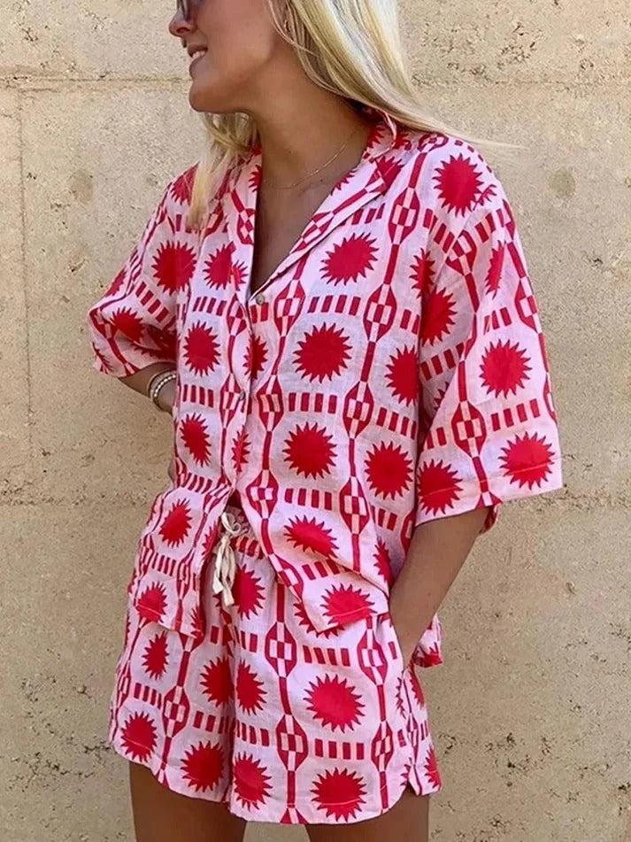 Women's Geometric Print Short Sleeve Shirt and Shorts Summer Set
