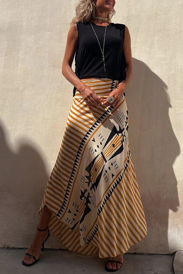 Women's Geometric Striped High Rise Asymmetrical Hem Maxi Skirt