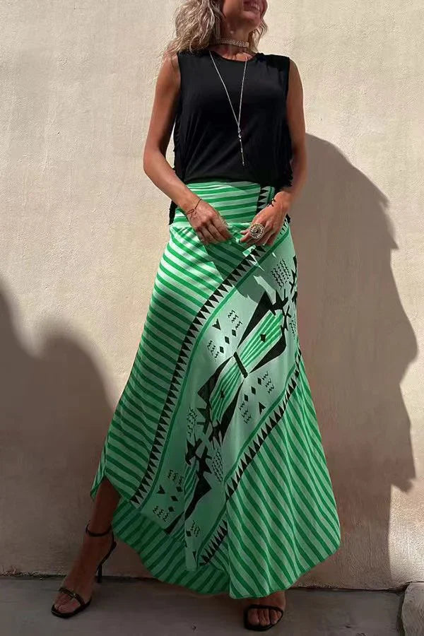 Women's Geometric Striped High Rise Asymmetrical Hem Maxi Skirt