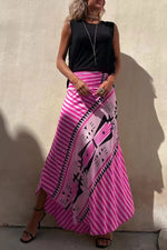 Women's Geometric Striped High Rise Asymmetrical Hem Maxi Skirt