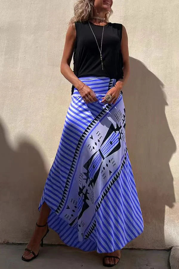 Women's Geometric Striped High Rise Asymmetrical Hem Maxi Skirt