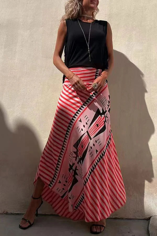 Women's Geometric Striped High Rise Asymmetrical Hem Maxi Skirt