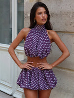 Women's Halter Crop Top Bubble Hem Pleated Skirt Set
