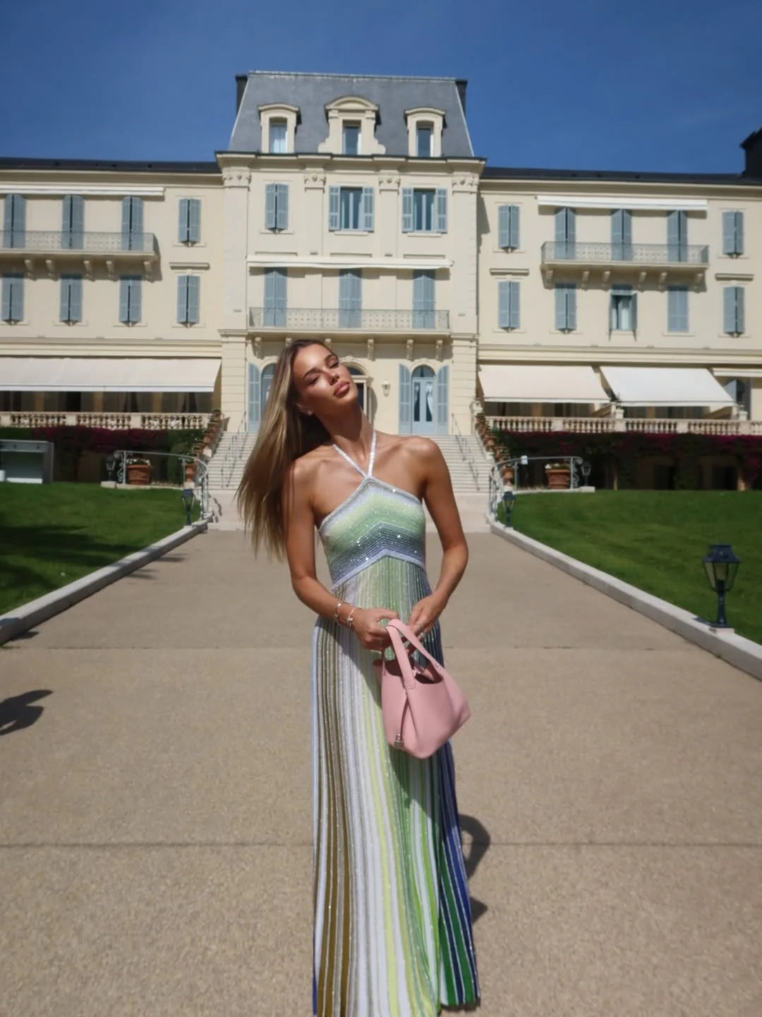 Women's Halter Multicolor Pattern Vertical Stripes Maxi Dress