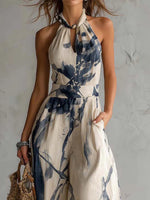 Women's Halter Neck Sleeveless Printed Wide-Leg Jumpsuit