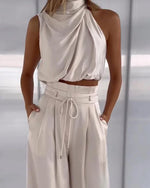 Women’s Halter Neck Sleeveless Top and Wide Leg Pants 2 Piece Set