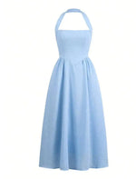 Women's Halter Neck Textured Gathered Skirt Back Zip Wedding Guest Dress