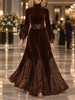 Women's High-Neck Balloon-Sleeve Lace Maxi Dress