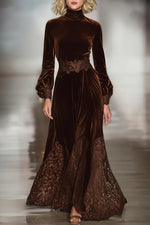 Women's High-Neck Balloon-Sleeve Lace Maxi Dress