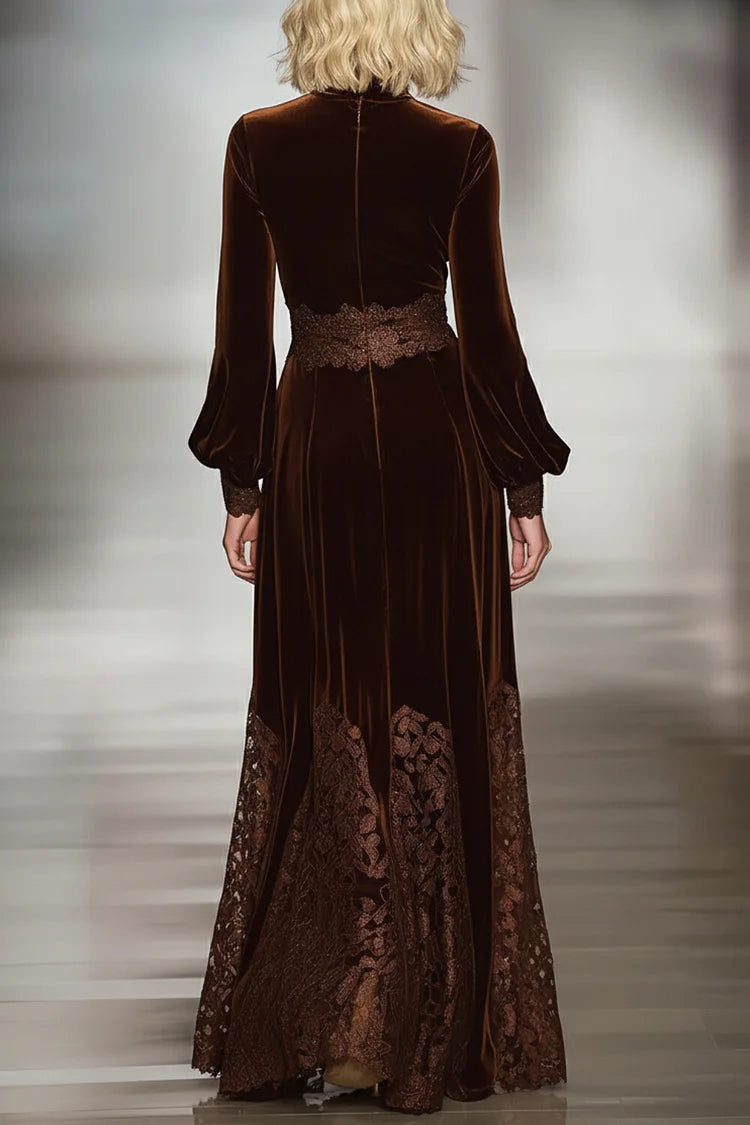 Women's High-Neck Balloon-Sleeve Lace Maxi Dress