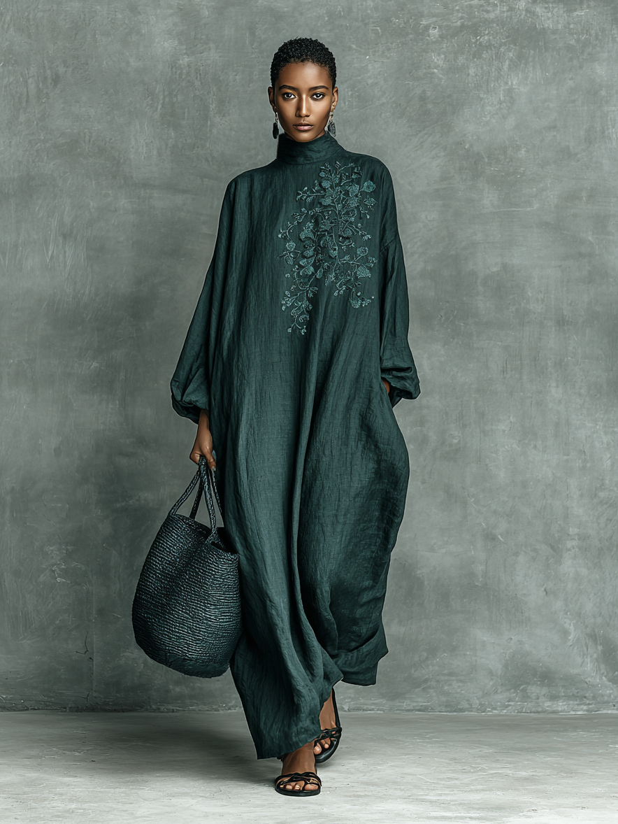 Women's High Neck Lantern Sleeve Embroidery Loose Maxi Dress